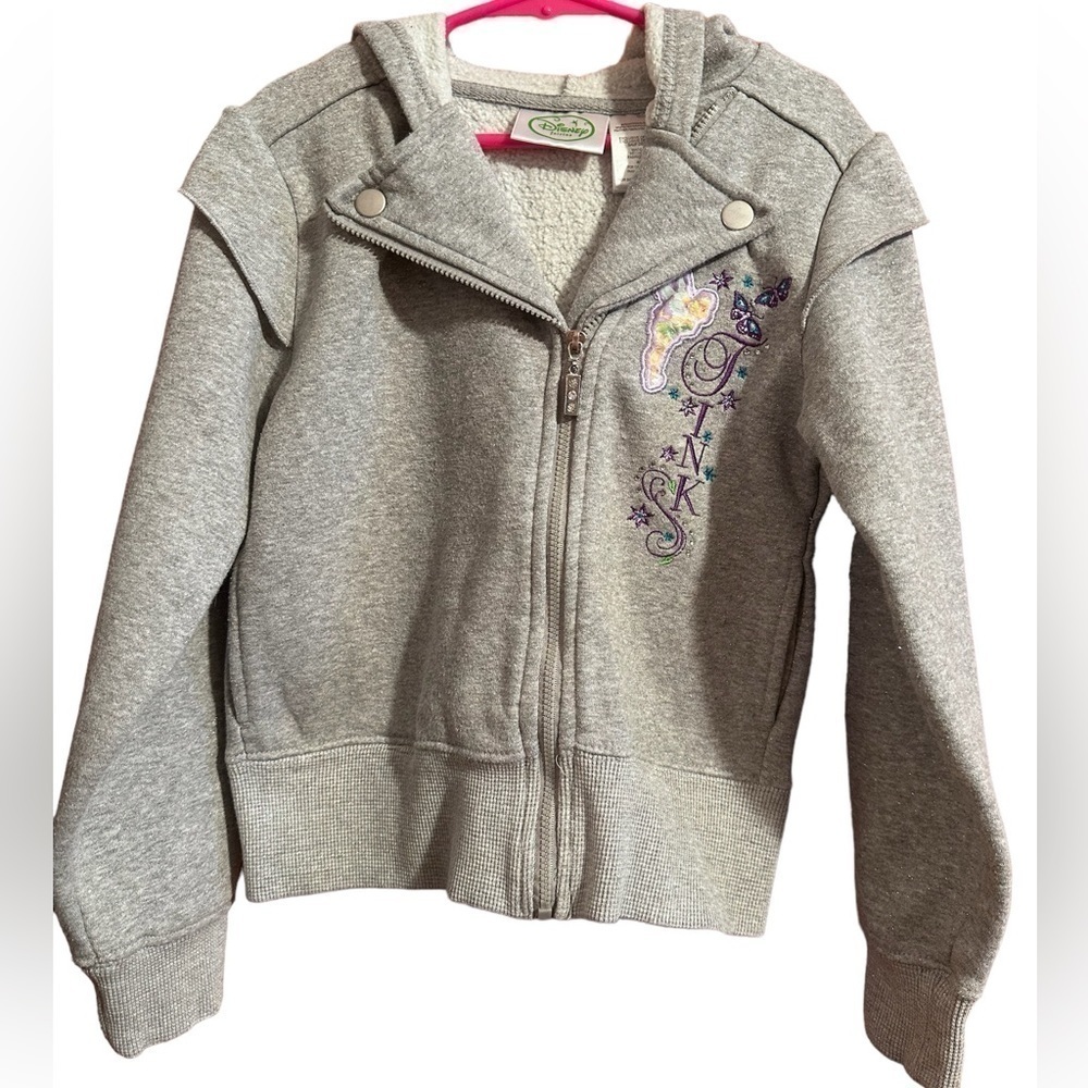 Disney Fairies TinkerBell Gray Hoodie Silver Pixie Dust Sparkles Zip Up Jacket